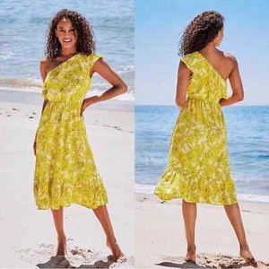 CUPSHE YELLOW FLORAL PRINT ONE SHOULDER WOMEN SUMMER DRESS SIZE XS BRAND NEW - Picture 1 of 10
