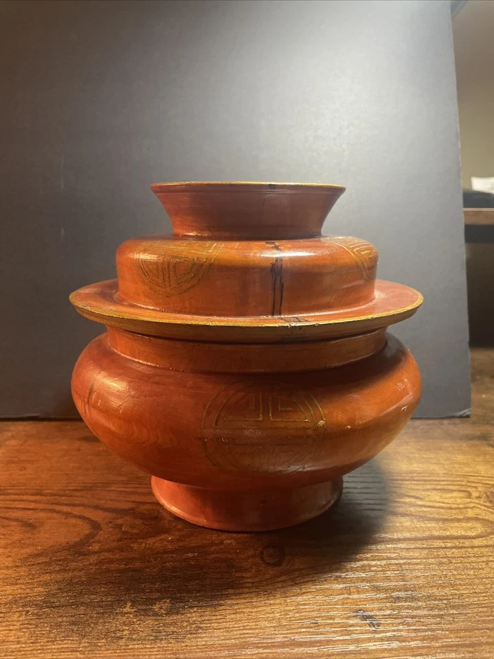 Tigela Tsampa Tibetana Antiga com Tampa, Madeira Tornada, 6,75 X 7" Pátina Rica  - Imagem 1 de 4