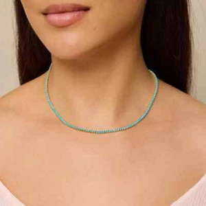 18K Gold Plated 3mm Round Cut Turquoise Tennis Choker Dainty Skinny Necklace - Picture 1 of 4