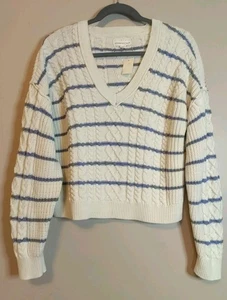 aeropostale Damen weiß blau Streifen Strick V-Ausschnitt Langarm Pullover Größe XL - Bild 1 von 5