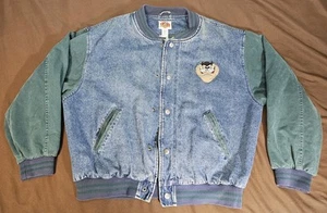 Chaqueta Universitaria De Colección Años 90 Genius DISNEY Looney Tunes Taz Denim Azul Verde Snap XL - Imagen 1 de 11