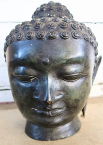 Vintage 12" tall Hollow Cast Bronze Buddha Head - Picture 1 of 6