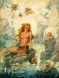MEERJUNGFRAU CHERUBS UNTERWASSER MEER SCHMETTERLING FANTASY VINTAGE LEINWAND KUNSTDRUCK - Bild 1 von 1