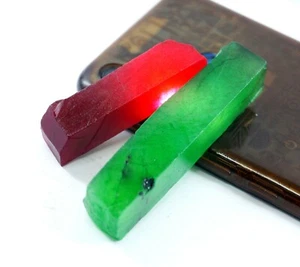 Certified 382 Ct 02 Pcs Natural Pakistani Green Emerald & Ruby Rough Gemstone - Picture 1 of 4