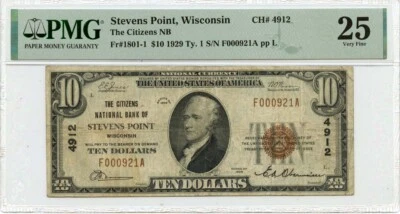 1929 Ty. 1 $10 National Bank Stevens Point WI CH#4912 PMG VF25 - Image 1 of 2