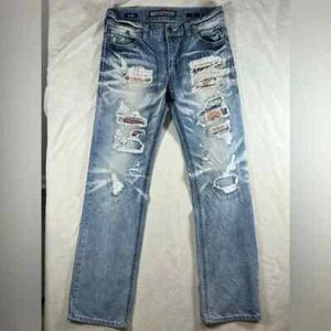 INSANE Y2K Affliction Black Premium BLAKE 34 Long Patch Distressed Jeans AC/DC - Bild 1 von 16