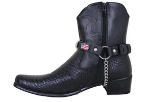 Men Cowboy Boot Chain Silver Black Faux Leather 2 Straps Shoe Bracelet USA Flag - Picture 1 of 12
