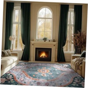 Rugs for Living Room Dining Room Area Rug Carpet Non Shedding 6x9 Teal/Multi - Picture 1 of 7
