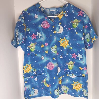 Scrub HQ Women's Scrub Top V Neck Sun, Moon & Stars Size Small Blue - Image 1 of 4