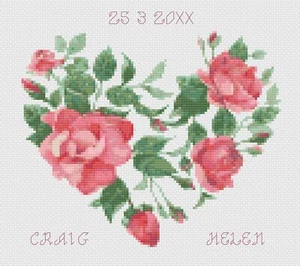 Cross Stitch Wedding Anniversary Sampler Kit or Pattern - Florashell Roses Heart - Picture 1 of 1