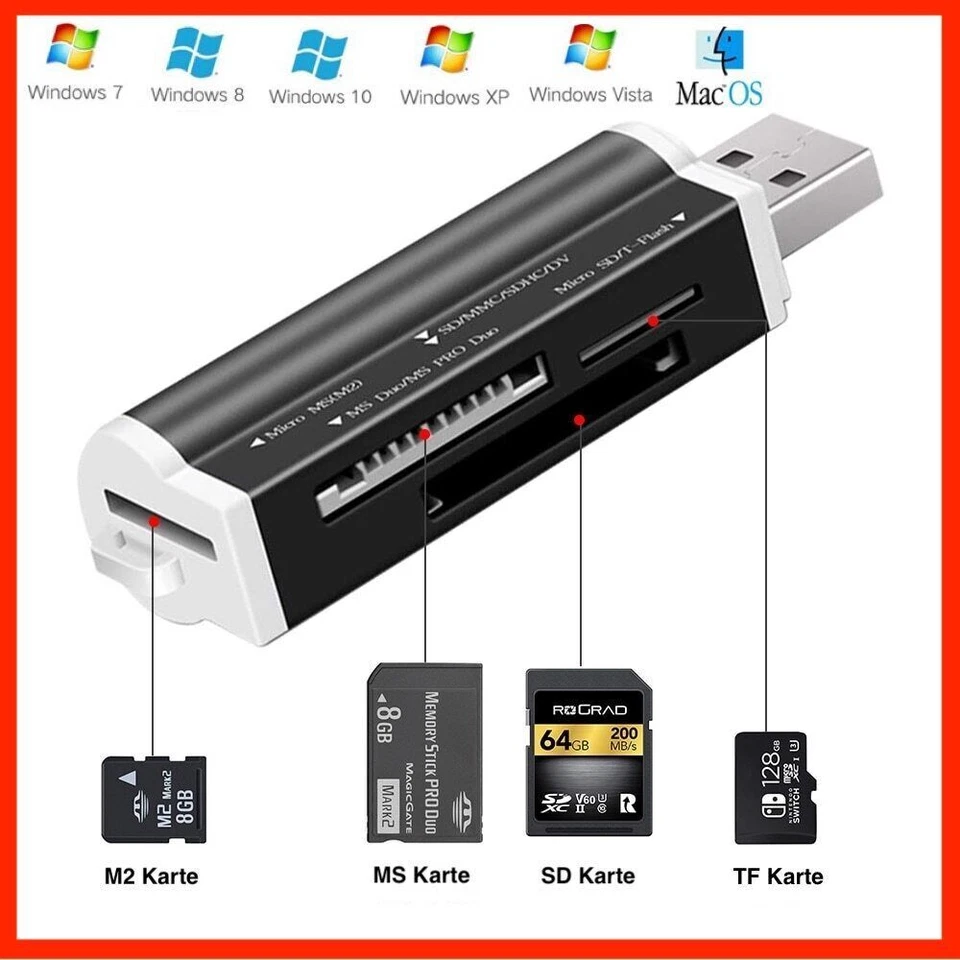 Speicherkartenleser Kartenlesegerät USB Micro SDHC MS Memory Card Reader Adapter - Bild 1 von 4