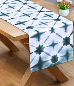 Indian Cotton Table Runner Shibori Geometric Green Long Boho Tie Dye Tablecloth - Picture 1 of 8