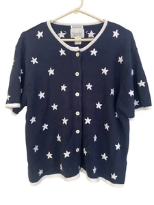 Christopher & Banks Pullover Sterne blau handbestickt Knopfleiste Größe XL Vintage - Bild 1 von 8
