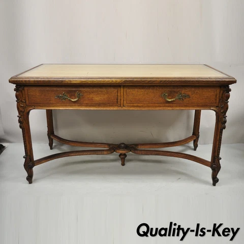 Antique French Victorian Louis XV Style Oak 2 Drawer Writing Desk Console Table Cover
