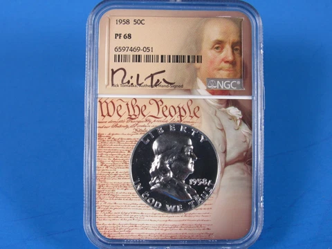 1958 P,   Silver  Franklin Half Dollars  NGC Pf 68 Tomaska Sig.  Series Holder Cover