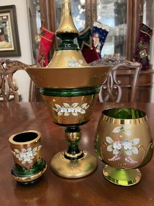 Vintage Hand Painted Bohemia Glass Compote Cup Vase Flower 24K Gold 1960’s Czech - Picture 1 of 14
