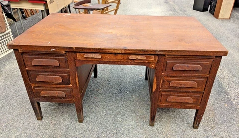 Vintage large antique wood oak desk double pedestal 6 drawers 2 pull out shelves Cover