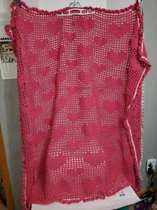 Vtg Pink Handmade Crocheted Heart Ruffle edge Baby Afghan Blanket Throw 62x65 - Picture 1 of 4