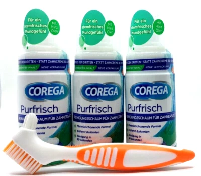 COREGA PURFRISCH REINIGUNGSSCHAUM TOP !!! 3x Corega Purfrisch Prothesen Reinigungsschaum 125 ml + Bürste gratis