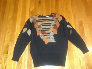 Vintage Marcia Avirom for Enfin Hand Loomed Black Brown Fall Leaves Sweater Gr. S - Bild 1 von 4