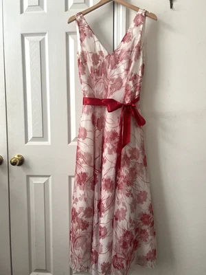 Papell Boutique Evening Gown Size 10 Red/White Floral Print Lace Mesh - Lined - Image 1 of 4