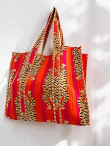 Indian Pink Orange Tiger  Printed Quilt Shoulder Bag Women's Cotton Handbag UK - Bild 1 von 3