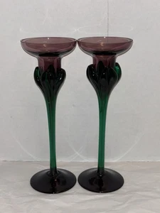 2 Vintage Hand Blown Amethyst Art Glass Candle Holder Tulip Flower Emerald Stem - Picture 1 of 8