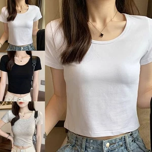 Summer Women's Short Sleeve T Shirts Solid Color Basic Crop Tops for Fashion - Picture 1 of 28