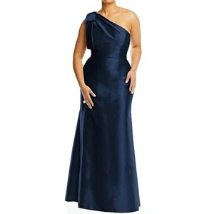 Alfred Sung Midnight Navy Satin One Shoulder Bow Floor Dress 20R NWT - Picture 1 of 4