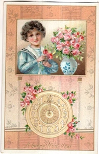 ANTIGUA POSTAL AÑO NUEVO (RAPHAEL TUCK) NIÑO, ROSAS ROSAS ROSAS EN JARRÓN, RELOJ - Imagen 1 de 2