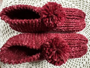 Neue handgefertigte gestrickte Amish Hausschuhe burgunderrot Mix Damen Medium Herren SM 8 3/4" - Bild 1 von 4