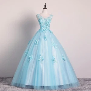 Blaues ärmelloses Ballkleid mit Blumenapplikation aus Tüll, elegantes Ballkleid, formell - Bild 1 von 6
