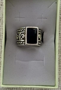 SILPADA R1096 Black Onyx Filigree Scroll Sterling Silver Wide Band Ring Size 7.5 - Picture 1 of 10
