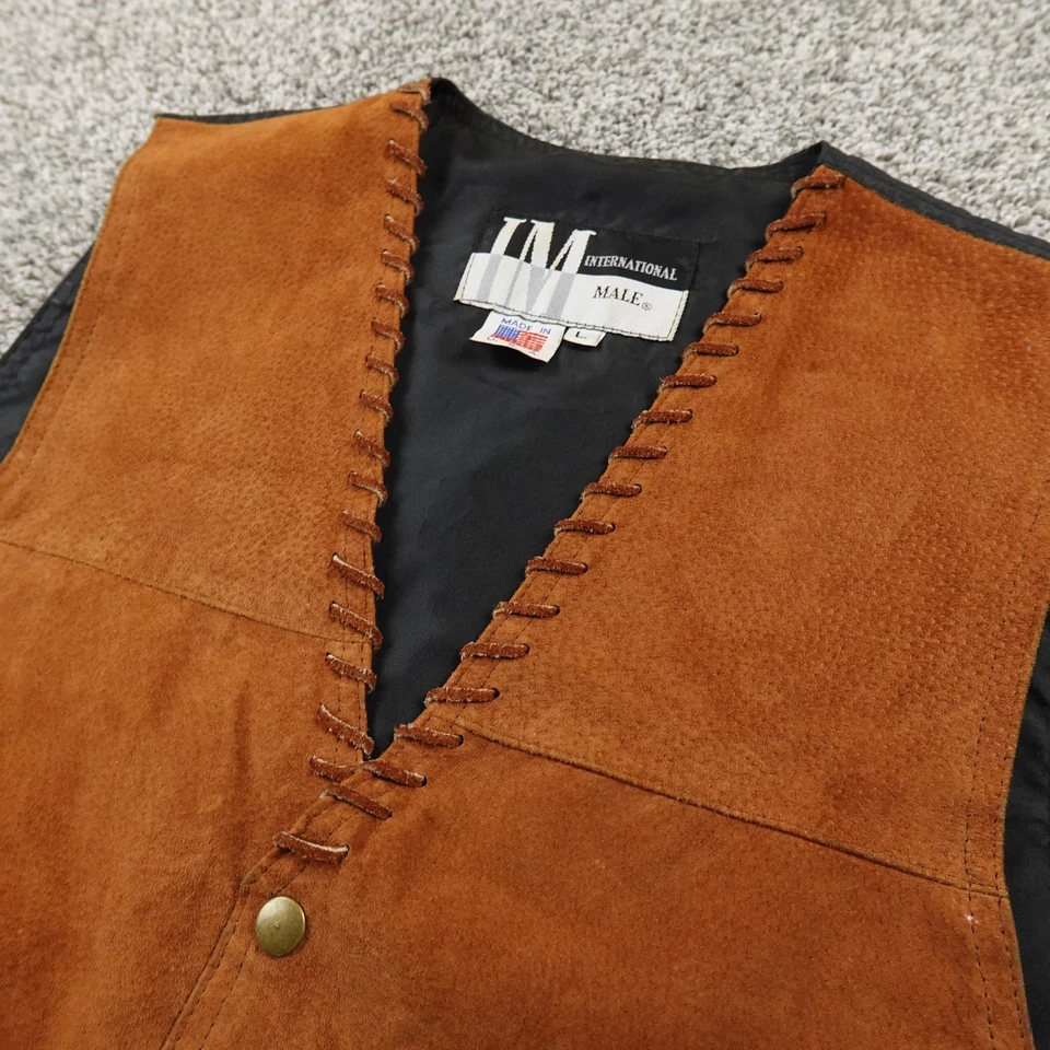VTG International Male Vest Mens L Brown Suede Leather Cowboy Western Snap USA - Image 1 of 4