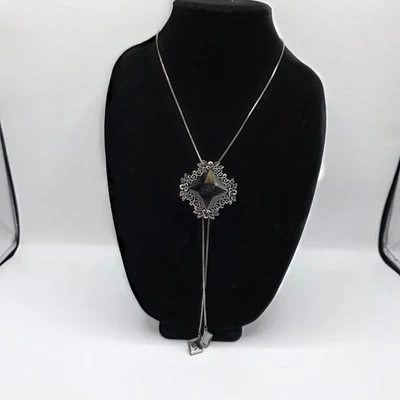 Womens Silver Tone Bolo Tie Long Chain Rhombus Pendant And Sparkly Glass 38" - Image 1 of 4