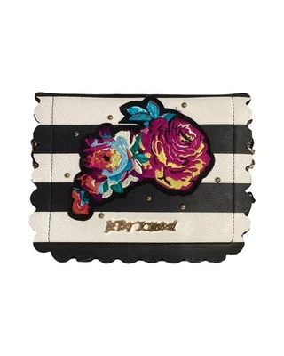 Betsey Johnson Black White Striped Floral Appliqué Crossbody Wallet Bag Vegan - Image 1 of 4