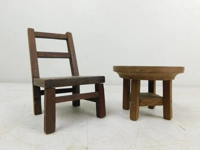 2件装古董木制微型娃娃屋侧椅和圆桌使命风格 — 第 1/4 张图片