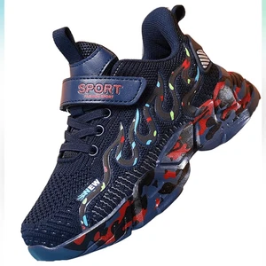Gr. 1 blaue Jungen Sneaker leichte Mesh atmungsaktiv Schuhe rot Flammen Design - Bild 1 von 12