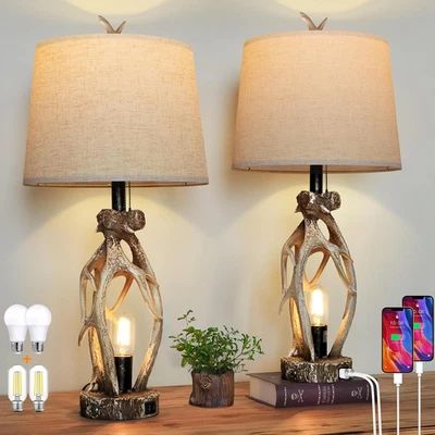 28" Touch Antler Table Lamps Set of 2 with USB & Type C Ports, Dimmable Bedside - Image 1 of 4