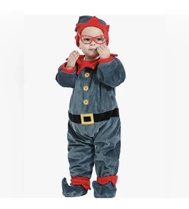 Baby Kleinkind 9-12 Monate Elfe Kostüm. Einteiler mit Hut und Stiefeletten Samt - Bild 1 von 5