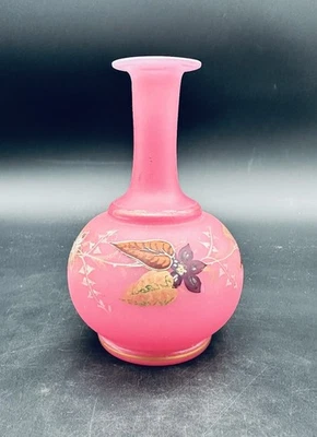 Antique 19thC French Hand-Painted Pink Opaline Glass Vase 6.5" Tall Gold Gilt - Image 1 of 4