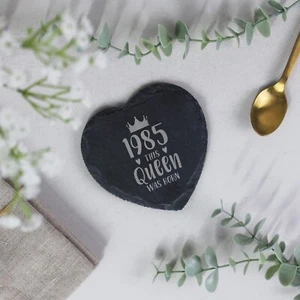 Laser Engraved Slate Heart Coaster "1985 This Queen Was Born" Design, Wife 40th - Picture 1 of 20