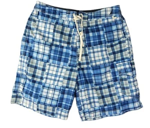 NAUTICA Swim Trunk Board Shorts Men 36x10 BLUE White Plaid Patch Drawstring NWOT - Picture 1 of 10