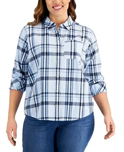 Style & Co Women's Plus Size 1X Plaid Button Down Boyfriend in Blue Shirt NWT - Picture 1 of 7