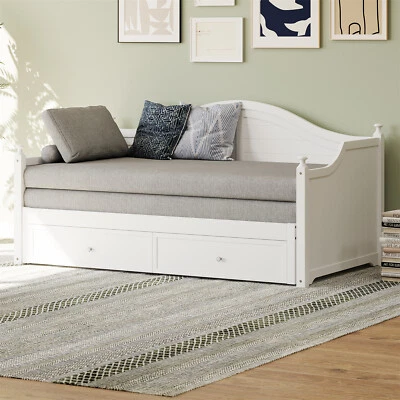 Twin Size Daybed Wood Bed Frame Sofa Bed with Trundle & Drawers White/Light Grey - Image 1 of 4