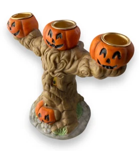 Vintage Halloween Pumpkin Tree Candle Stick Candelabra Holder - Imagen 1 de 6