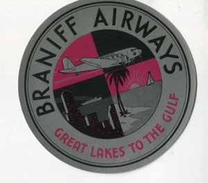Vintage Airline Luggage Label BRANIFF AIRLWAYS silver foil Great Lakes 2 Gulf lg - Picture 1 of 2