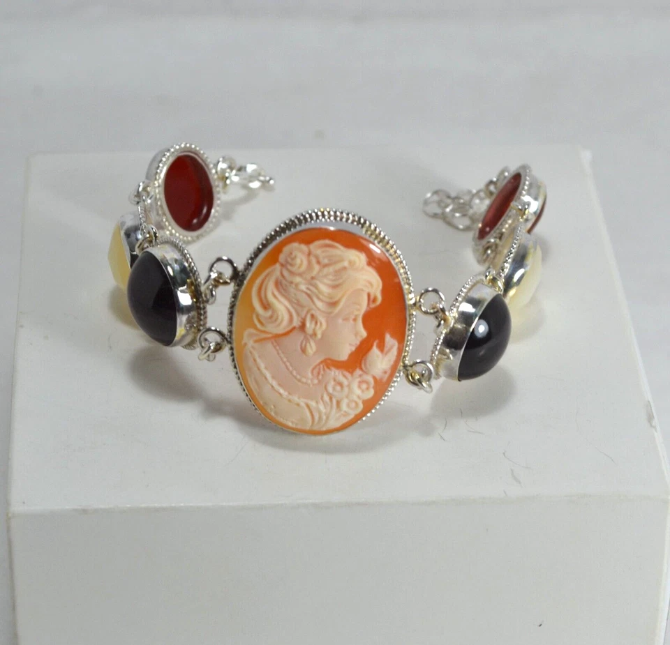 BRACCIALE  ARGENTO 925 NATURALE  CAMMEO CORNEOLA  VOLTO OVALE 30 mm    AGRP 0158 - Immagine 1 di 3