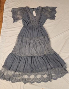 SHEILAY Long Blue Floral Mesh Lace Dress size Medium Brand New w/ Tags - Picture 1 of 8