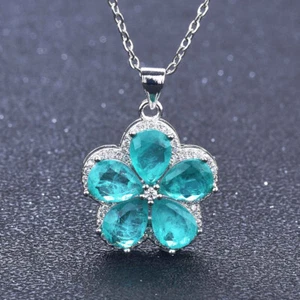 New Flower Design Gemstone Neon Blue Tourmaline Women Jewelry Gifts Pendants - Picture 1 of 6